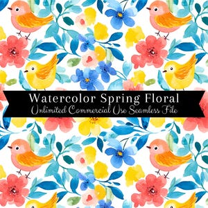 Motif floral d'oiseau printanier sans couture | Birdie à l'aquarelle | Milieux de mésange printanière | Motif printanier répétitif PNG | PNG à usage commercial