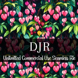 Może przedstawiać: Wzór bez szwów z różowymi kwiatami serc krwawiących z zielonymi liśćmi na ciemnoniebieskim tle. Tekst "DJR Unlimited Commercial Use Seamless File" znajduje się na dole obrazu.