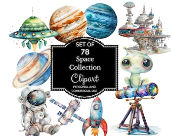 Weltraum Aquarell Clipart | Aquarell Planeten Clipart | Weltraum Digitaldruck | Sterne Und Mond Png | Astronauten-Raumschiff | Niedlicher Astronaut