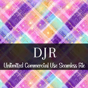May include: A colorful digital seamless pattern with a geometric design. The pattern features intersecting diagonal lines in shades of pink, purple, blue, and gold. The text "DJR Unlimited Commercial Use Seamless File" is displayed across the bottom.