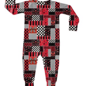May include: A long-sleeve one-piece romper featuring a patchwork design of red, black, white, and gray squares. The pattern includes checkered prints, vertical stripes, and small bow motifs, with larger decorative bows placed throughout the garment.