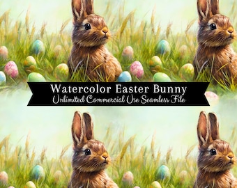 Watercolor Easter Bunny Seamless Print | Easter Eggs Seamless Pattern | Commercial Use Pattern | Spring Easter Repeating Pattern PNG