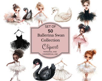 Clipart aquarel ballerina | Roze ballerina's clipart | Zwarte ballerina-clipart | Muurkunst kinderkamer | Zwaanballerina-clipart | Ballet, png