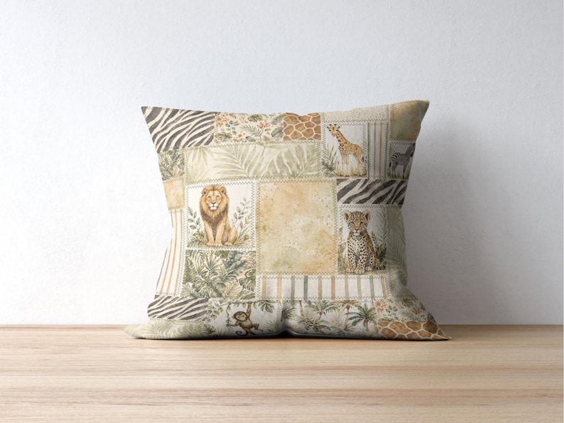 May include: Square decorative pillow with a patchwork design featuring safari animals like lions, giraffes, and zebras. The pillow has a neutral color palette with beige, brown, and green tones, creating a vintage aesthetic. The pillow is placed on a wooden surface.