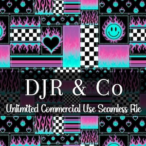 May include: A digital seamless pattern file featuring a patchwork design of black and white checkerboards, neon blue flames, pink gradients, and cyan smiley faces. The text DJR & Co and Unlimited Commercial Use Seamless File is centred in white.