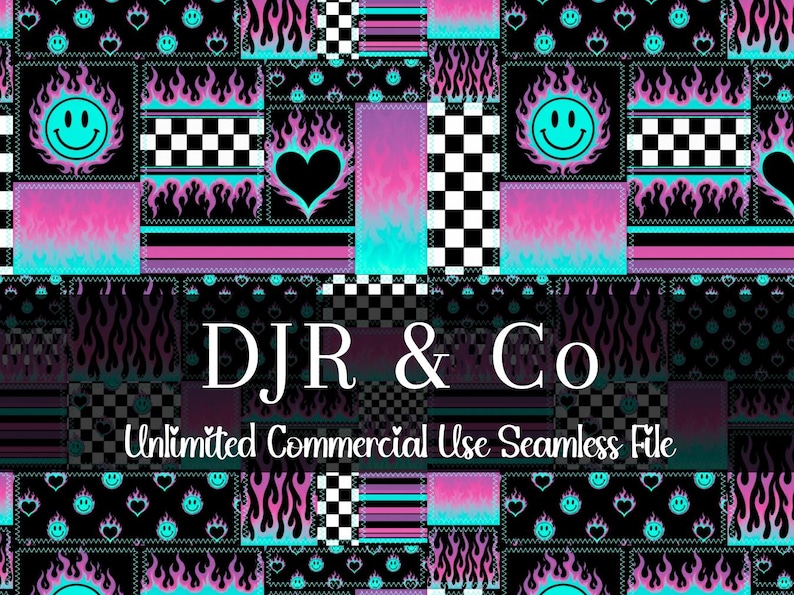 K&ouml;nnte beinhalten: Eine digitale nahtlose Musterdatei mit einem Patchwork-Design aus schwarz-wei&szlig;en Schachbrettmustern, neonblauen Flammen, rosa Farbverl&auml;ufen und cyanfarbenen Smileys. Der Text DJR & Co und Unlimited Commercial Use Seamless File ist wei&szlig; zentriert.