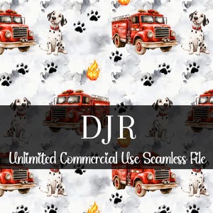 Modèle sans couture de camion de pompier dalmatien | Pompier aquarelle | Fichier sans couture garçon | Motif répété de feu | Droits commerciaux PNG