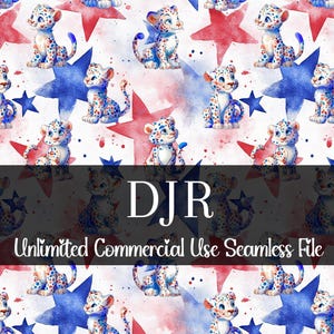 Könnte beinhalten: Nahtloses Muster mit Cartoon-Leoparden in Rot, Weiß und Blau, durchsetzt mit roten und blauen Sternen. Der Entwurf enthält den Text "DJR Unlimited Commercial Use Seamless File". Geeignet für Textilien und mehr.