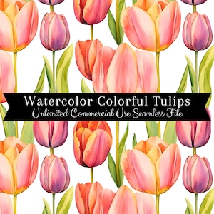 Naadloze print aquarel kleurrijke tulpen | Naadloos bloemenpatroon | Patroon voor commercieel gebruik | Herhalende afdruk | Naadloze aquarel tulp