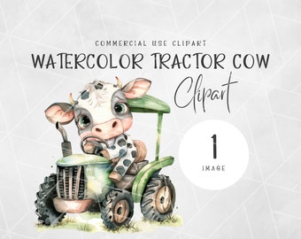 May include: Watercolor illustration of a black and white cow driving a green tractor. The cow has big eyes and a pink nose. The tractor has a green cab and wheels. The image is labeled "Watercolor Tractor Cow Clipart".
