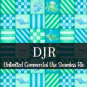 Sea Animal Patchwork Seamless Pattern | Watercolor Jellyfish Dolphin | Sea Turtle  Octopus Print | Seashells Coral | Boy Repeating Pattern