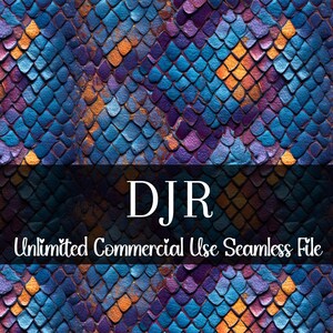 May include: A digital seamless pattern with a reptile scale design in blue, purple, and orange. The text "DJR Unlimited Commercial Use Seamless File" is displayed across the image.