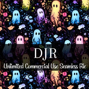 Op de afbeelding: Een naadloos patroon met kleurrijke geesten en bloemen op een zwarte achtergrond. De geesten zijn doorschijnend en hebben verschillende kleuren, waaronder blauw, roze, geel en paars. De bloemen zijn klein en delicaat, met een verscheidenheid aan kleuren, waaronder wit, roze en blauw. Het patroon is perfect voor gebruik in een verscheidenheid aan creatieve projecten, zoals stof, behang en digitaal ontwerp.