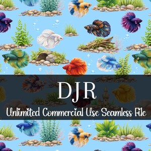 May include: Seamless pattern with vibrant betta fish, aquatic plants, and decorative elements on a light blue backdrop. The design showcases diverse betta fish in shades of blue, purple, yellow, and red. Text reads "DJR Unlimited Commercial Use Seamless File."