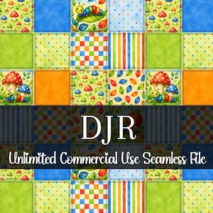 Puede incluir: Un colorido patrón de patchwork con cuadrados que presentan varios diseños. Estos incluyen setas, orugas, lunares, rayas y patrones de cuadros. El texto "DJR Unlimited Commercial Use Seamless File" se muestra en el centro.