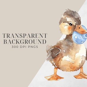May include: A watercolor illustration of a brown duckling holding a blue rubber ducky in its beak. The duckling is standing on a white background.