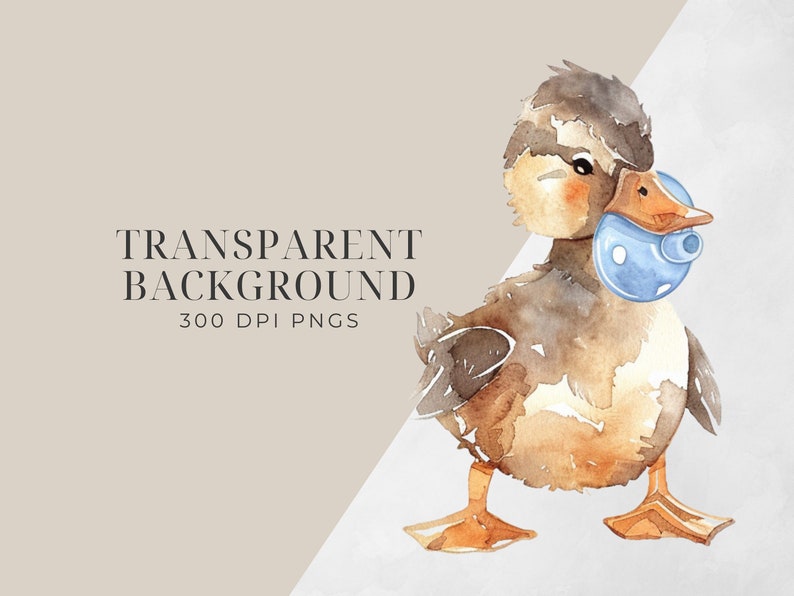 May include: A watercolor illustration of a brown duckling holding a blue rubber ducky in its beak. The duckling is standing on a white background.