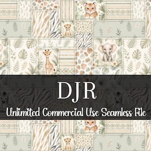 Può includere: Un motivo senza cuciture con un design patchwork che presenta animali safari come elefanti, giraffe e tigri. Il design incorpora varie trame e motivi, tra cui strisce di zebra, macchie di leopardo e fogliame, in una palette di colori morbidi e neutri. Il testo "DJR Unlimited Commercial Use Seamless File" è visualizzato.