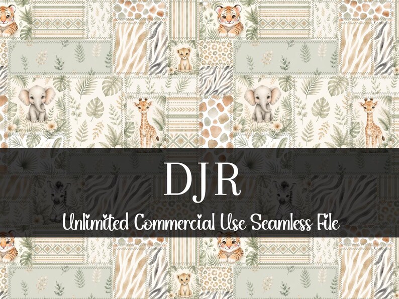 May include: A seamless pattern featuring a patchwork design with safari animals like elephants, giraffes, and tigers. The design incorporates various textures and patterns, including zebra stripes, leopard spots, and foliage, in a soft, neutral color palette. The text "DJR Unlimited Commercial Use Seamless File" is displayed.