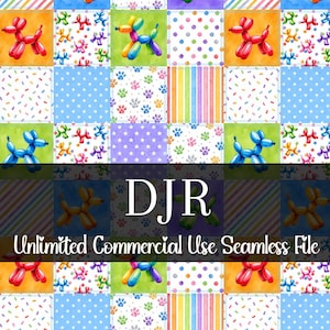 Könnte beinhalten: Ein farbenfrohes Patchworkmuster mit Ballonhund-Illustrationen, Tupfen, Pfotenabdrücken und Streifen. Das Design enthält den Text "DJR Unlimited Commercial Use Seamless File". Geeignet für verschiedene Bastelprojekte.