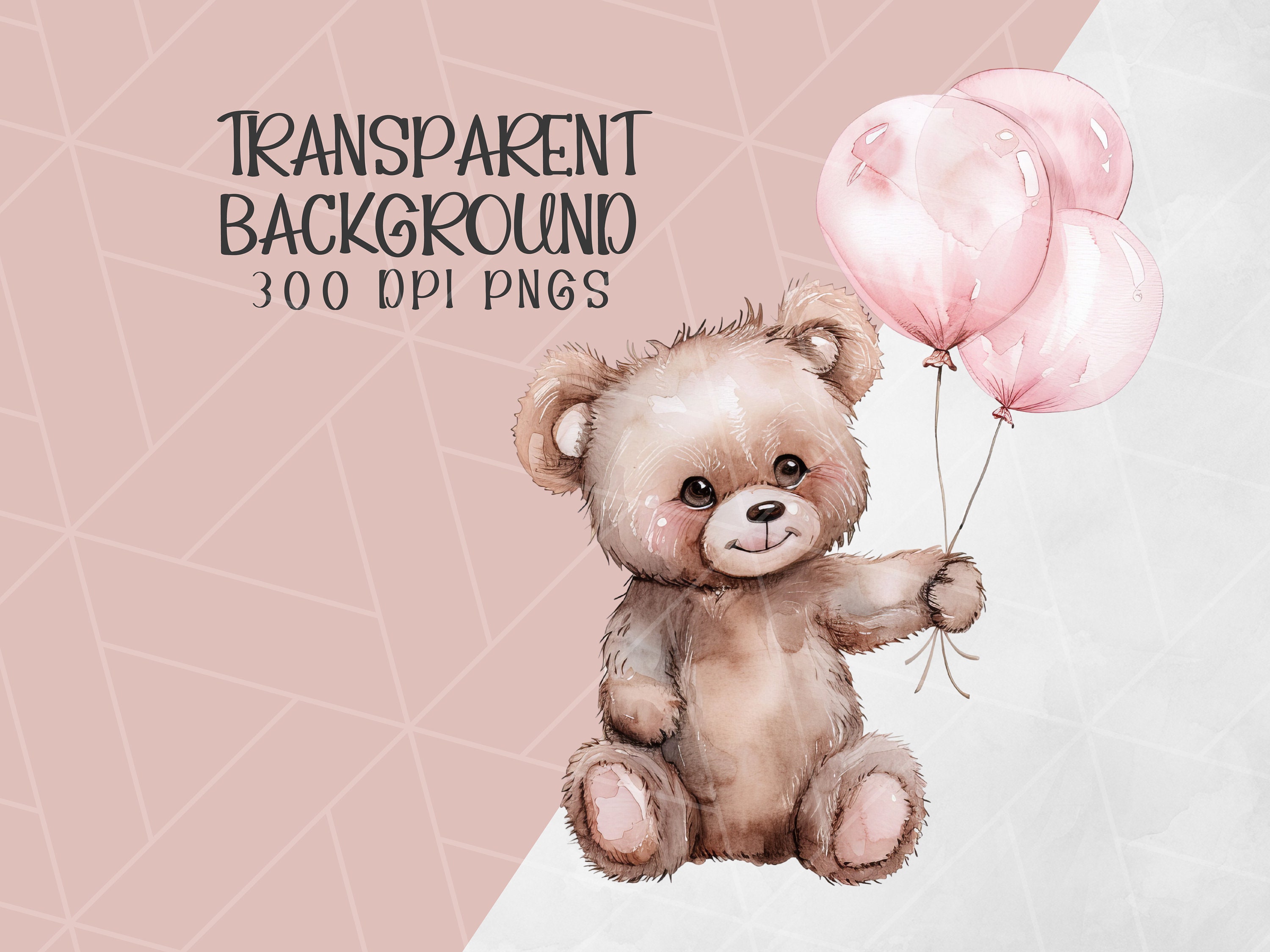 Watercolor Teddy Bear Pink Balloons Clipart | Baby Girl Clipart ...