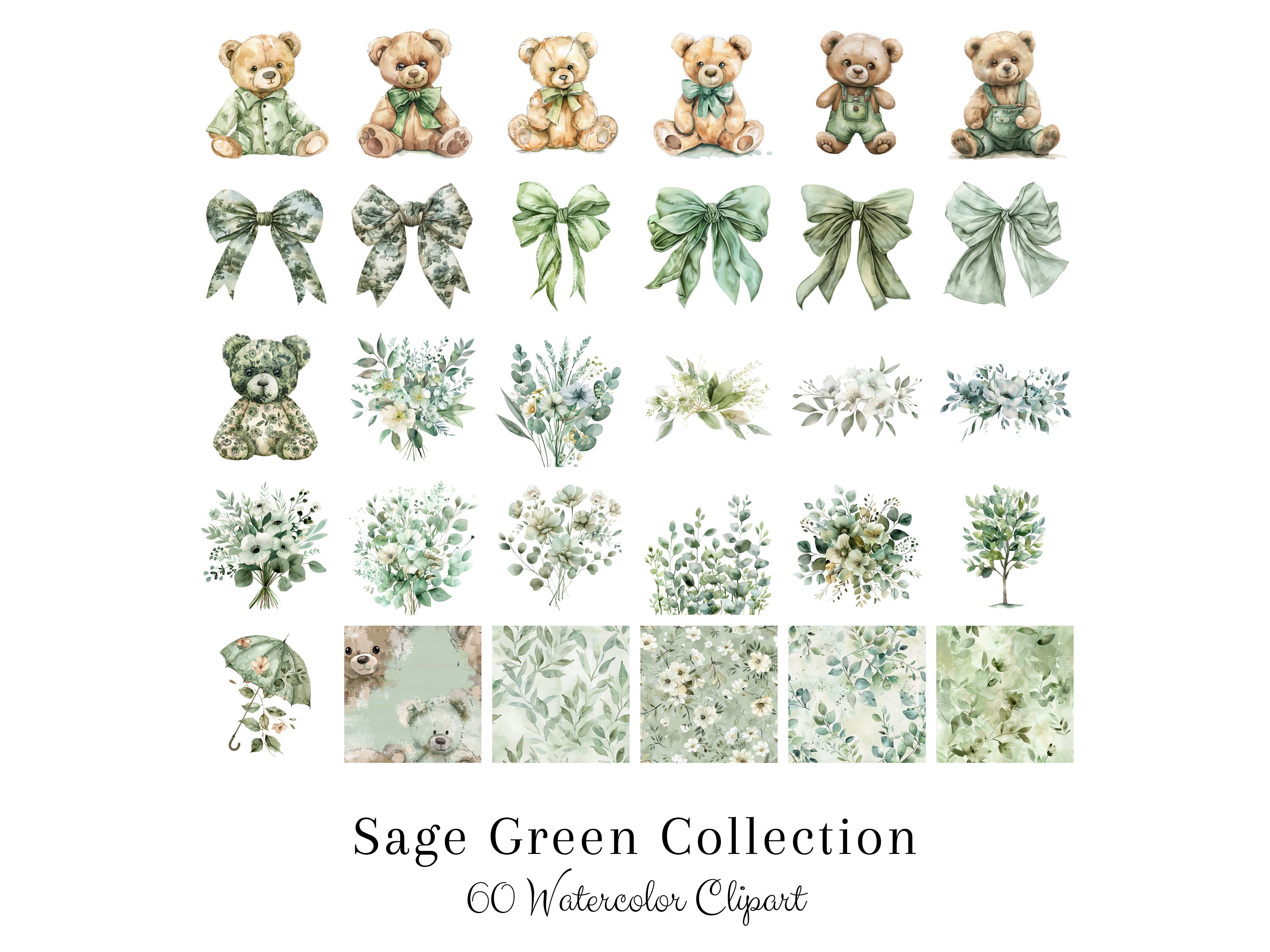 Watercolor Sage Green Clipart | Teddy Bear Clipart | Baby Shower ...