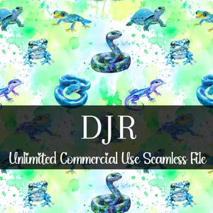 May include: A seamless pattern with watercolour illustrations of reptiles and amphibians, such as snakes, frogs, lizards, and turtles. The design uses blues, greens, and yellows, with the text "DJR Unlimited Commercial Use Seamless File".