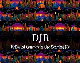 Seamless Camping Mountain Pattern | Watercolor Hiking Forest | Hunting Background | Digital Paper Nature Repeating Pattern | Sunset