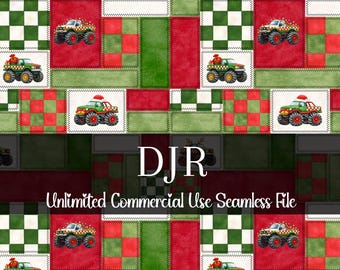 Weihnachten Monstertruck Patchwork Nahtlos | Aquarell Weihnachten Digitales Papier | Sich wiederholendes Muster | Schachbrett Muster | Junge Seamless