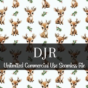 Patrón sin costuras de reno bebé / Papel digital de acebo navideño / Patrón navideño de acuarela para guardería de bebé / Patrón repetido de reno