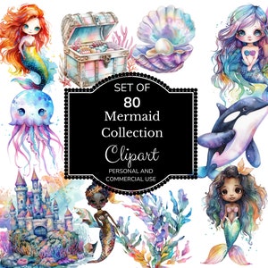 Watercolor Mermaid Clipart Bundle | Under The Sea Clipart | Watercolor Clipart | Black Mermaid Clipart | Mermaid Red Hair Clipart |  Clipart