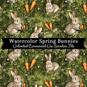 May include: A seamless pattern featuring watercolor illustrations of brown bunnies hopping through a field of green grass and carrots. The text "Watercolor Spring Bunnies Unlimited Commercial Use Seamless File" is displayed on a black banner.
