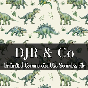 May include: A seamless pattern featuring watercolor-style green dinosaurs and foliage on a cream background. A dark horizontal banner overlays the center with the white text DJR & Co and the words Unlimited Commercial Use Seamless File.