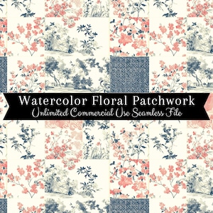 May include: A seamless digital paper pattern featuring a patchwork design of watercolor floral illustrations in shades of pink, blue, and white. The pattern is perfect for creating backgrounds, scrapbooking, and other craft projects.