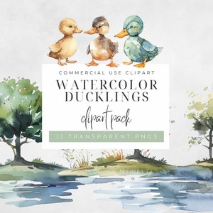 May include: Watercolor clipart pack of three ducklings.  The ducklings are yellow, brown, and blue.  The text "COMMERCIAL USE CLIPART WATERCOLOR DUCKLINGS clipart pack 12 TRANSPARENT PNGS" is on a white background.