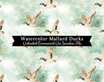 Modèle sans couture de canard colvert | Canards à l'aquarelle | Fichier sans couture d'arrière-plans de chasse | Motif répétitif PNG | Droits exclusifs PNG