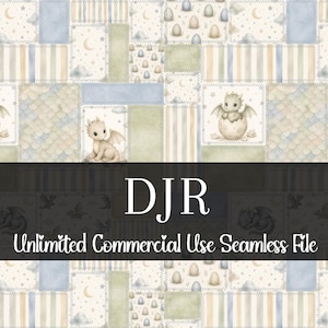May include: A seamless digital pattern featuring a patchwork design with baby dragons, eggs, clouds, and moons in soft pastel colors. The pattern includes the text "DJR" and "Unlimited Commercial Use Seamless File".
