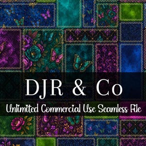 Könnte beinhalten: Ein digitales Stoffmuster mit einem Patchwork aus rechteckigen Blöcken in tiefen Blau-, Lila- und Grüntönen, verziert mit Schmetterlingen und Blumenmotiven. Der Text DJR & Co und Unlimited Commercial Use Seamless File ist darübergelegt.