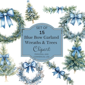 Aquarell Blau Schleife Clipart | Weihnachtsgirlande | Vintage Weihnachten | Blaue Coquette Bow | Urlaub Clipart | Kommerzielle Lizenz