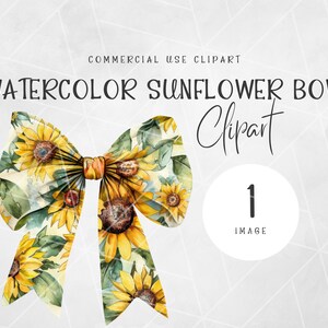 May include: Watercolor sunflower bow clipart. A yellow and green bow with a sunflower pattern.