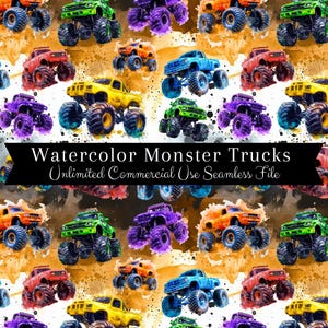 Aquarell Monstertruck Nahtlos Druck | LKW nahtlose Muster | Kommerzielle Nutzung Muster | LKW-Wiederholungsmuster PNG | Junge Muster