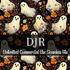 May include: A seamless pattern featuring white ghosts with black eyes and mouths, surrounded by orange, yellow, and white flowers on a black background. The text "DJR Unlimited Commercial Use Seamless File" is at the bottom of the image.