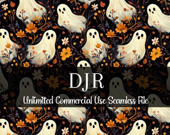 Ghost Fall Floral Seamless Pattern | Watercolor Ghost Digital Paper | Ghost Pattern | Watercolor Halloween | Fall Repeating Pattern PNG