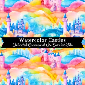 Watercolor Rainbow Castle Seamless Print | Castle Pattern | Commercial Use Pattern | Repeating Print | Watercolor Rainbow | Scrapbook Paper