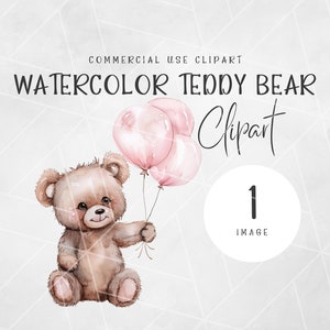 Watercolor Teddy Bear Pink Balloons Clipart | Baby Girl Clipart | Nursery Wall Art Clipart | Baby Shower Clipart | Baby Animals Clipart PNG