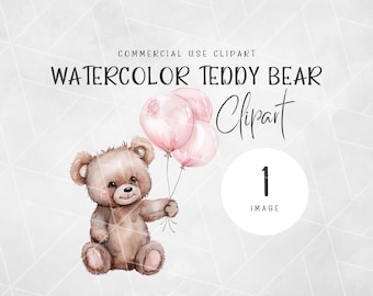 Watercolor Teddy Bear Pink Balloons Clipart | Baby Girl Clipart | Nursery Wall Art Clipart | Baby Shower Clipart | Baby Animals Clipart PNG