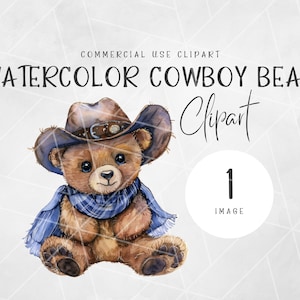 Watercolor Cowboy Bear Baby Clipart | Western Clipart | Nursery Wall Art | Watercolor Baby Shower | Digital Download | Blue Cowboy Clipart