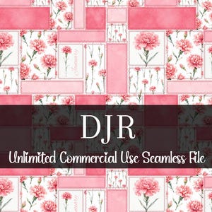 May include: A seamless pattern featuring pink carnation flowers and rectangular pink blocks on a white background. The design includes the text "DJR" and "Unlimited Commercial Use Seamless File".