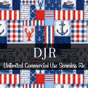Può includere: Un motivo senza cuciture a tema nautico con un design patchwork. Presenta ancore, aragoste, barche e motivi a righe e a scacchi in rosso, bianco e blu. È presente anche il testo "DJR" e "Unlimited Commercial Use Seamless File".