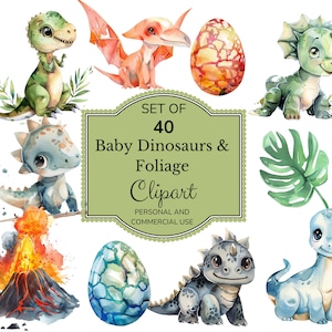 Lot de cliparts aquarelle mignon bébé dinosaure | Téléchargement numérique | Baby shower dinosaure | Fête d'anniversaire de dinosaure | Clipart volcan | PNG de la jungle